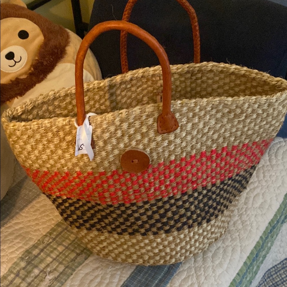 Stylish Tan and Red Woven Tote Bag